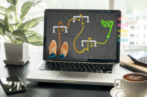 Laptop auf Schreibtisch zeigt Weg mit Abzweigungen und Ziel-Flagge als Symbol für Herausforderungen und Lösungswege im Prozessmanagement; daneben Pflanze und Kaffeetasse.