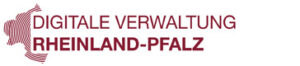 Logo der Veranstaltung „Digitale Verwaltung Rheinland-Pfalz“ in Dunkelrot auf weißem Hintergrund. Links neben dem Schriftzug befindet sich eine stilisierte grafische Darstellung der Landesform von Rheinland-Pfalz.