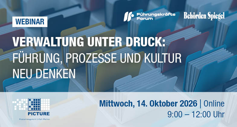 Banner für das Webinar „Verwaltung unter Druck: Führung, Prozesse und Kultur neu denken“. Die Online-Veranstaltung findet am Mittwoch, 14. Oktober 2026, von 9:00 bis 12:00 Uhr statt. Im Hintergrund sind Aktenordner zu sehen, ergänzt durch die Logos von Führungskräfte Forum, Behörden Spiegel und PICTURE.