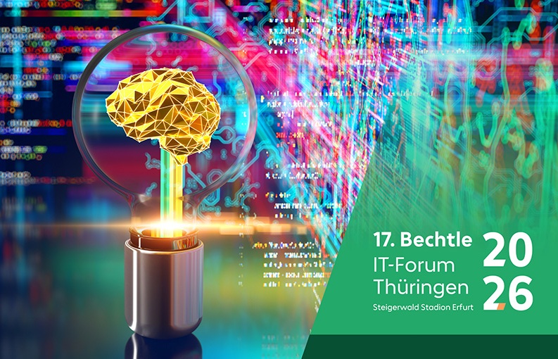 Grafik mit Glühbirne und digitalem Gehirn, Hinweis auf das 17. Bechtle IT-Forum Thüringen 2026 in Erfurt.