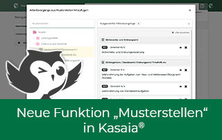 Screenshot der Musterstellen-Funktion in Kasaia mit grünem Textbalken "Neue Funktion 'Musterstellen' in Kasaia"