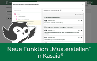 Screenshot der Musterstellen-Funktion in Kasaia mit grünem Textbalken "Neue Funktion 'Musterstellen' in Kasaia"