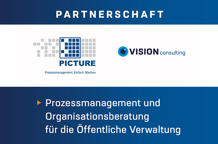 Bild mit den beiden Logos der PICTURE GmbH und VISION Consulting und Text: Partnerschaft. Prozessmanagement und Organisationsberatung für die öffentliche Verwaltung