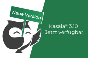 Kasaia-Eule trägt ein Schild mit dem Text "neue Version", daneben der Text "Kasaia 3.10 jetzt verfügbar"