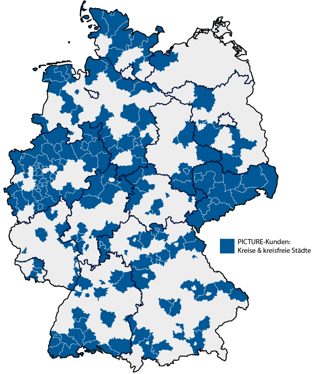 Deutschlandkarte, auf der alle Landkreise und kreisfreie markiert sind, die Kunden von PICTURE sind.