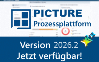 PICTURE Prozessplattform Version 2026.2 jetzt verfügbar mit Logo und Software-Oberfläche im Hintergrund