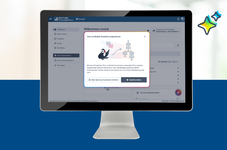 Pressebild KI-Release Monitor mit der PICTURE-Prozessplattform und einem KI-Assistenten zur automatischen Prozesserstellung auf dem Bildschirm.