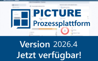 Grafik zur PICTURE-Prozessplattform mit Logo vor einem unscharfen Software-Hintergrund. Darunter steht auf blauem Hintergrund: „Version 2026.4 – Jetzt verfügbar!“.